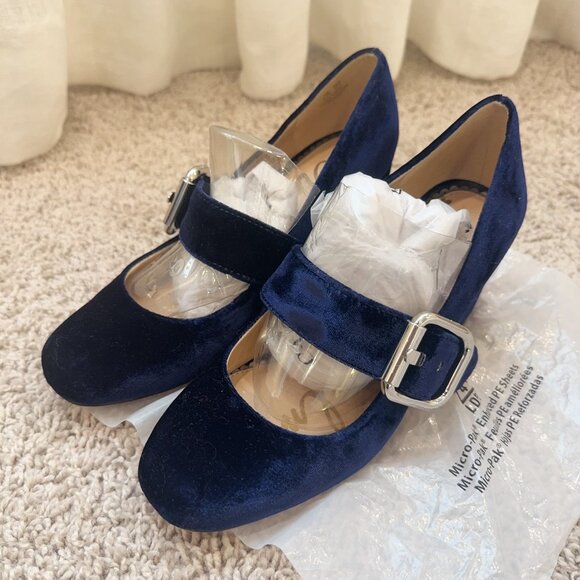 New with Box SAM EDELMAN Chessie Velvet Mary Jane Pumps In Navy 6.5 - Picture 4 of 7